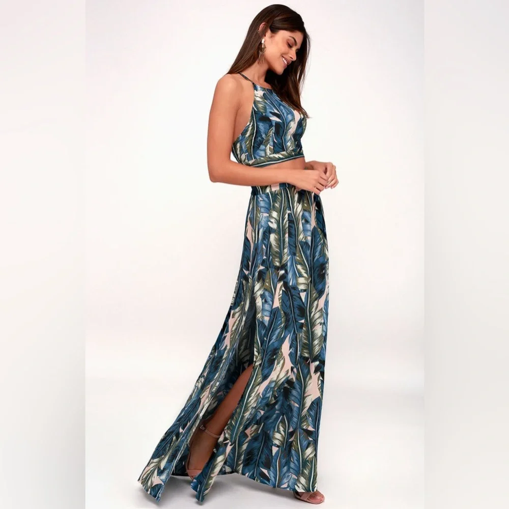 NEW Blue Leaf Print Two-Piece Maxi Dress - Picture 4 of 10